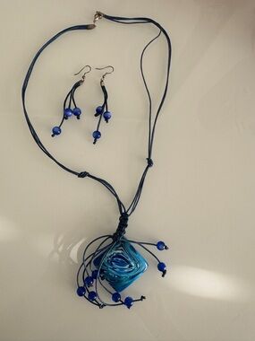 Handmade Blue Swirl Pendant Necklace with Matching Earrings